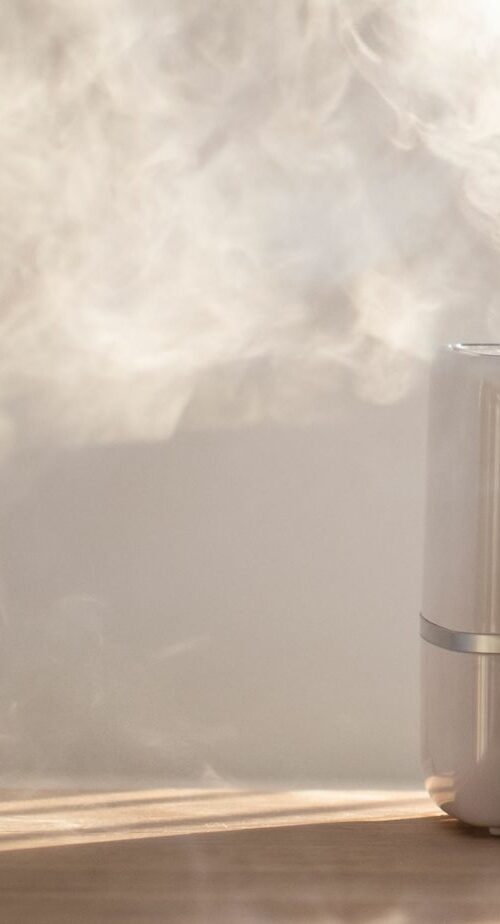 A humidifier puffs out steam in a room with natural lighting